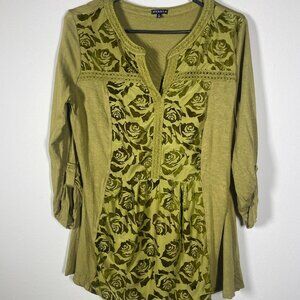 Hannah Women's Green Blouse Velvet Rose Print Roll-Tab Sleeves Large!